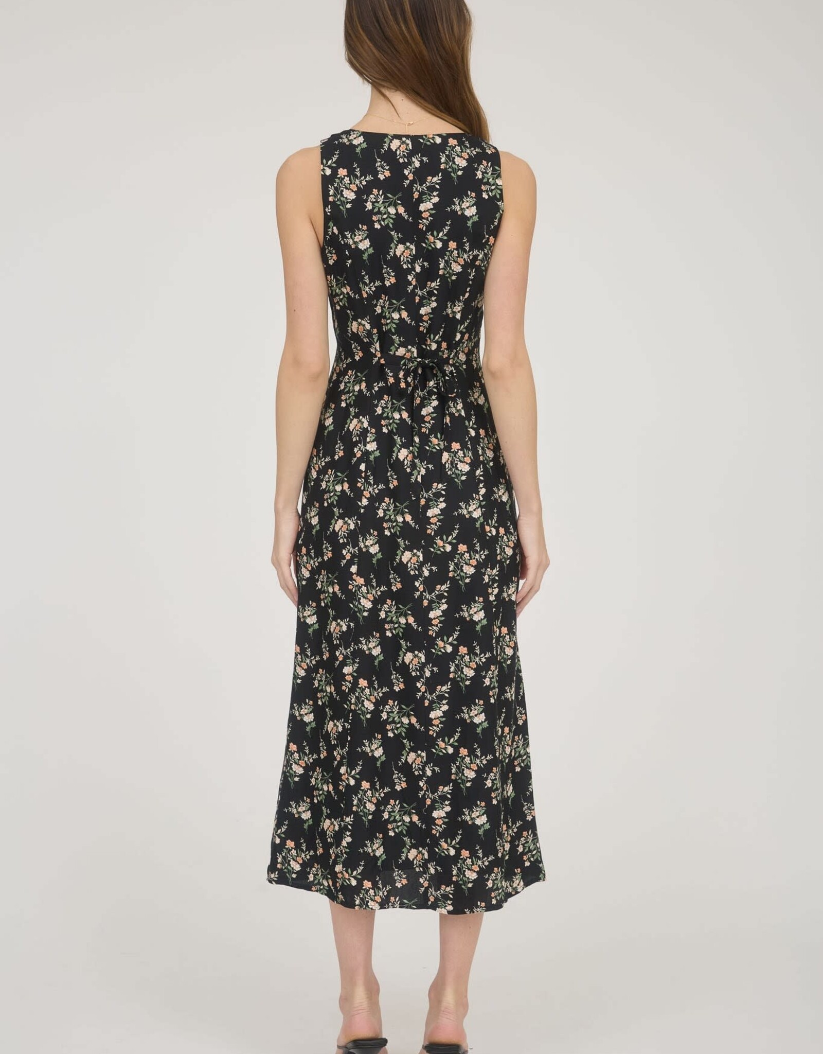 Miss Bliss Blu Floral Sleeveless Midi Dress-Black Multi