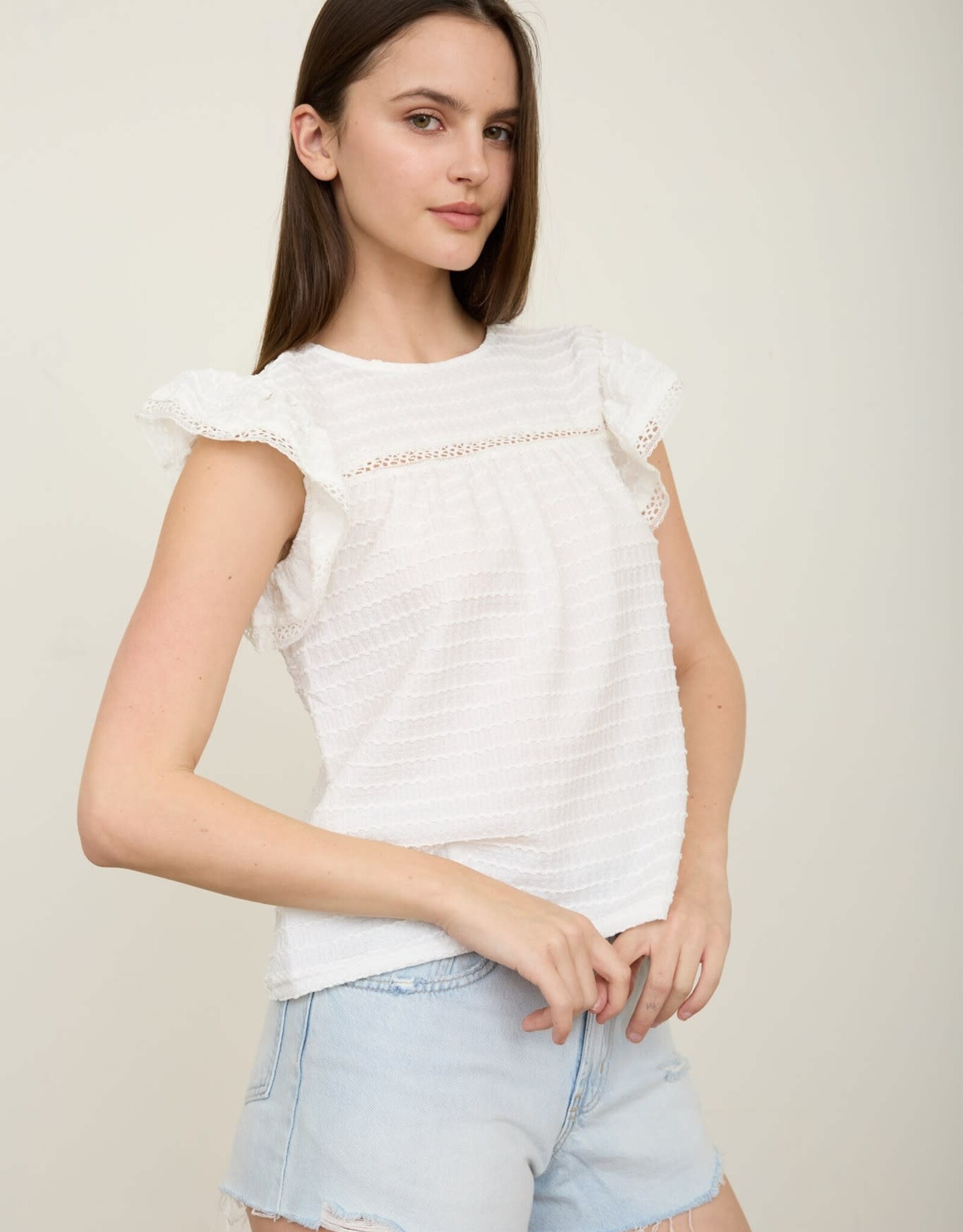 Miss Bliss M&Em Textured Ruffle Sleeve Lace Detail Top- White