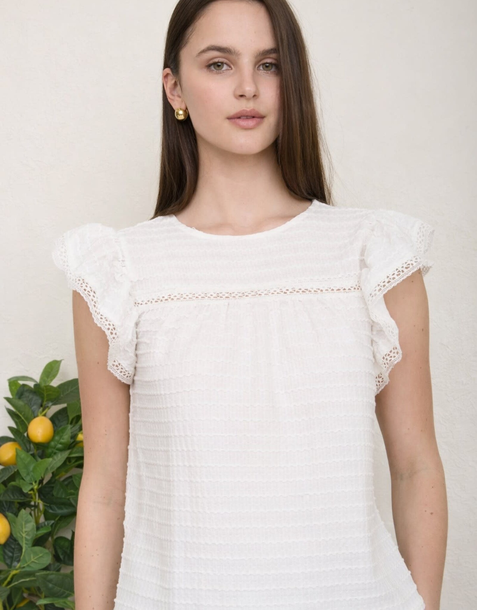 Miss Bliss M&Em Textured Ruffle Sleeve Lace Detail Top- White