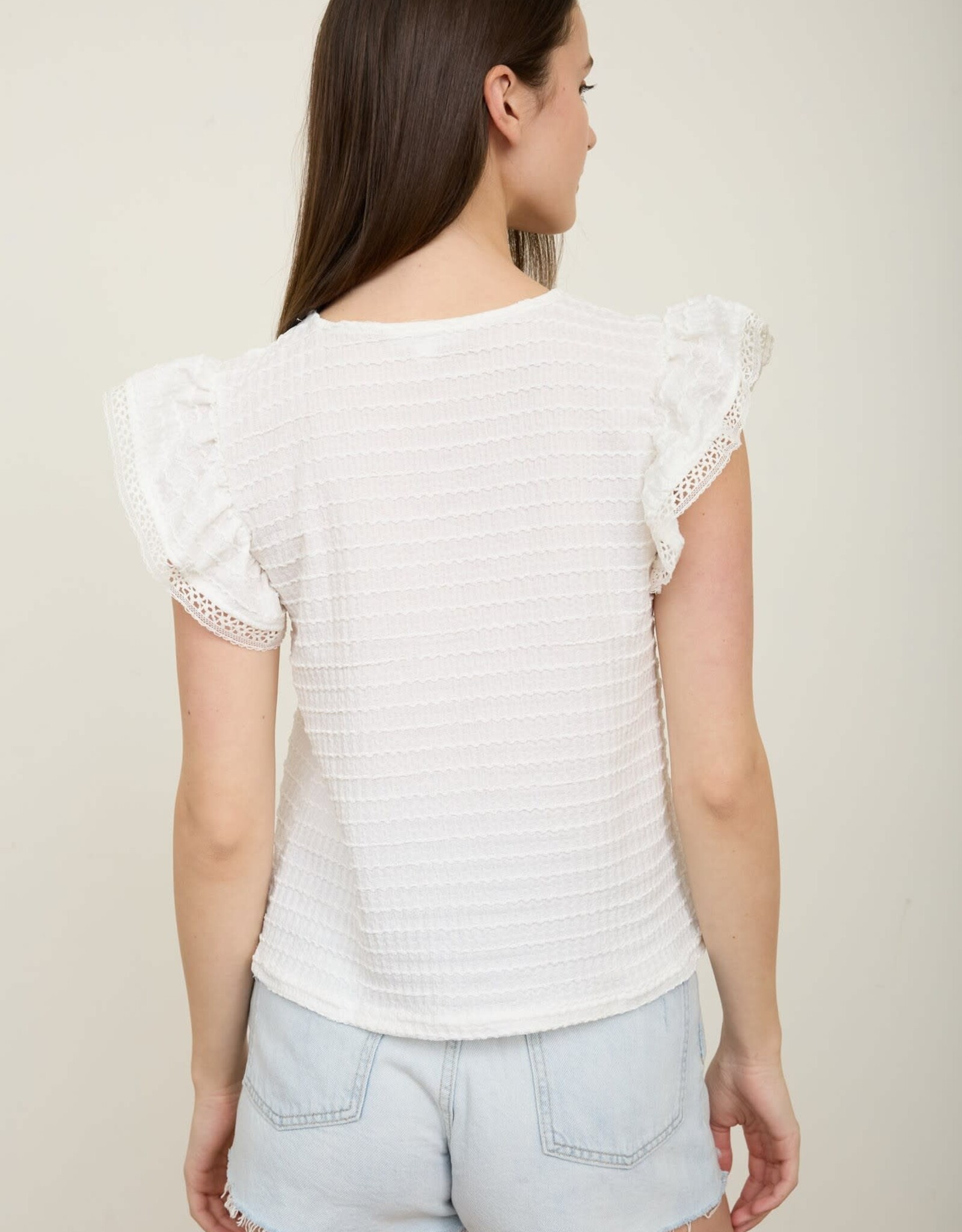 Miss Bliss M&Em Textured Ruffle Sleeve Lace Detail Top- White