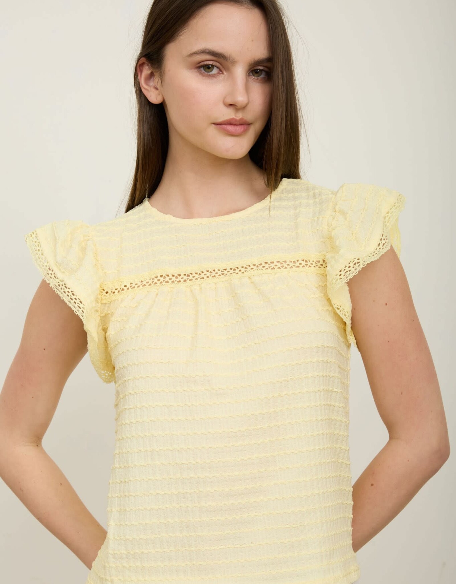 Miss Bliss M&Em Textured Ruffle Sleeve Lace Detail Top- Butter Yellow