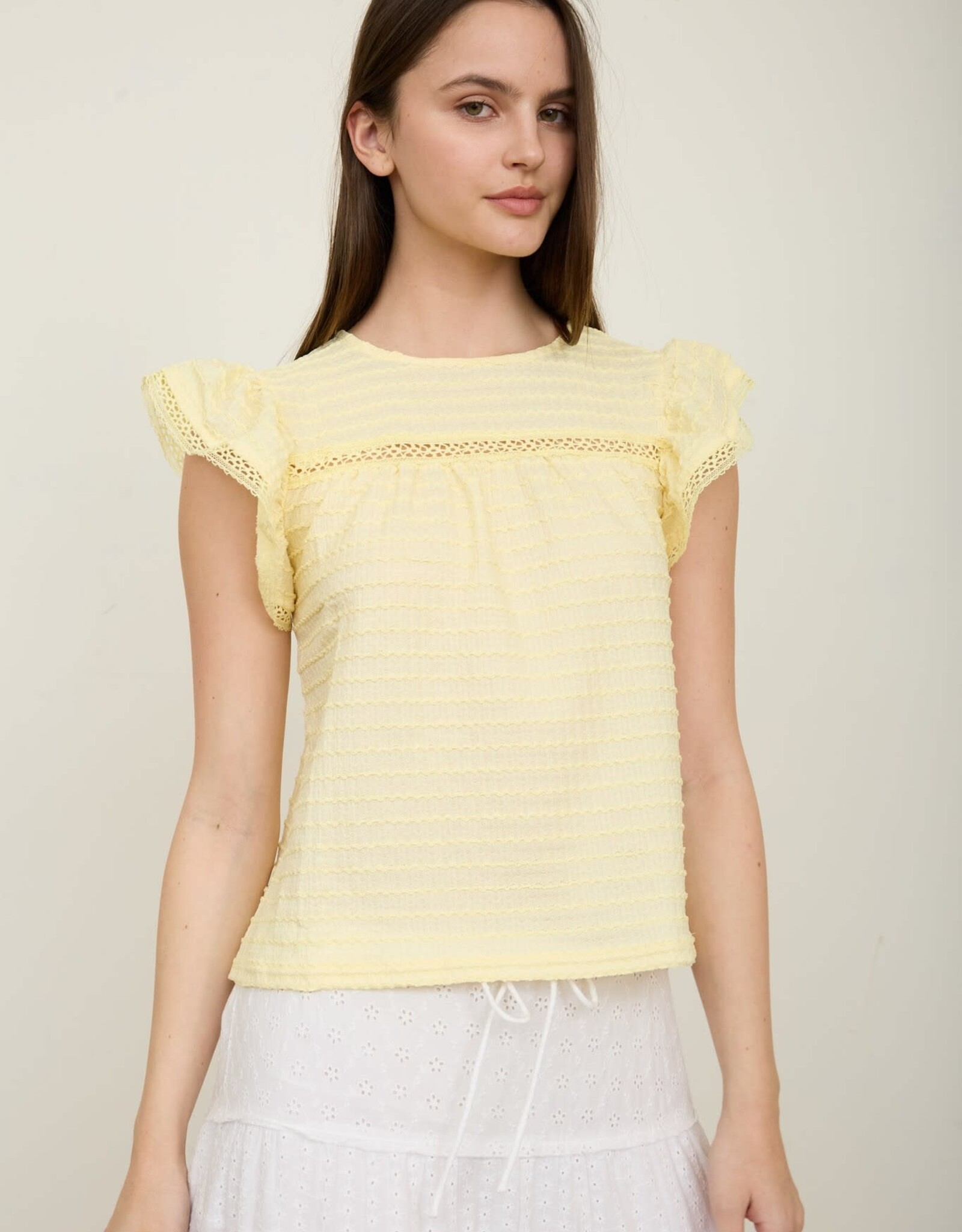 Miss Bliss M&Em Textured Ruffle Sleeve Lace Detail Top- Butter Yellow