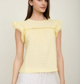 Miss Bliss Textured Ruffle Sleeve Lace Detail Top- Butter Yellow