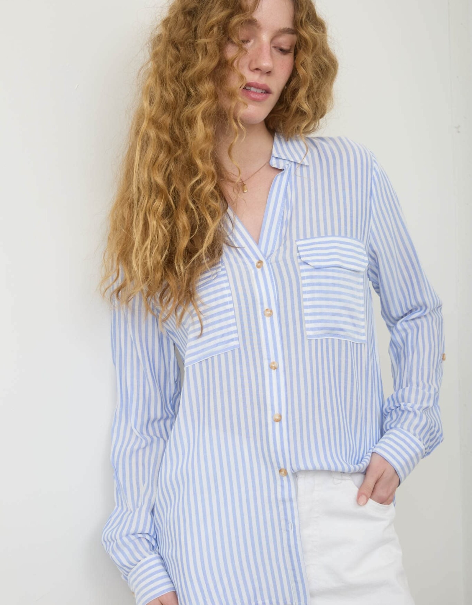 Miss Bliss M&E Stripe Collrd Button Dwn Lightwt Shirt-Blue