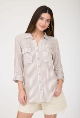 Miss Bliss M&E Stripe Collrd Button Dwn Lightwt Shirt-Brown