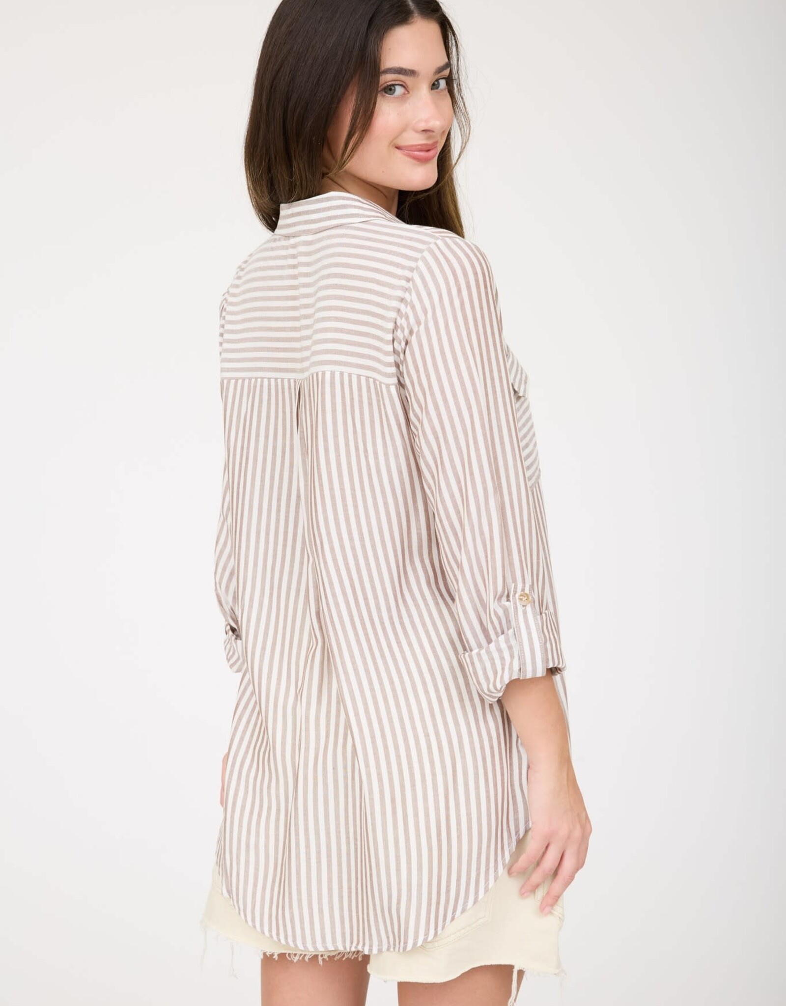 Miss Bliss M&E Stripe Collrd Button Dwn Lightwt Shirt-Brown