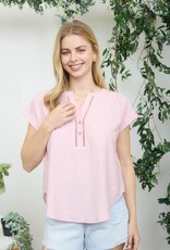Miss Bliss M&E Half Button Lice Lace Trim SS Top-Dusty Pink