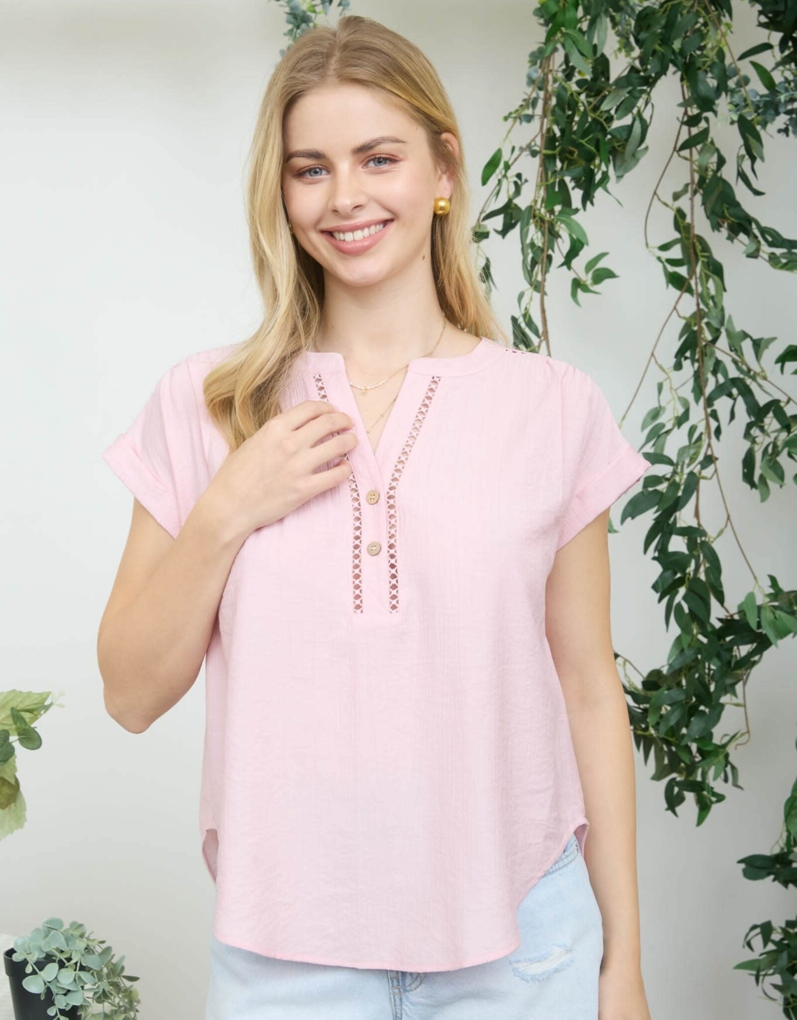 Miss Bliss M&E Half Button Lice Lace Trim SS Top-Dusty Pink