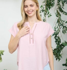 Miss Bliss Half Button Lice Lace Trim SS Top-Dusty Pink