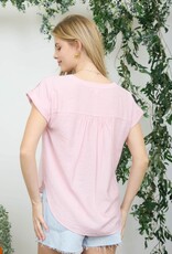 Miss Bliss M&E Half Button Lice Lace Trim SS Top-Dusty Pink