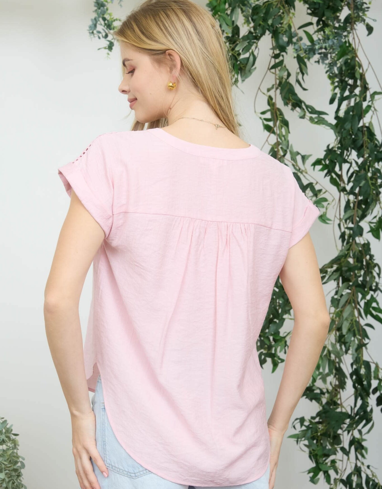 Miss Bliss M&E Half Button Lice Lace Trim SS Top-Dusty Pink