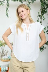Miss Bliss M&E Half Button Lice Lace Trim SS Top-White