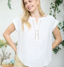 Miss Bliss Half Button Lice Lace Trim SS Top-White