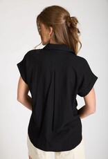 Miss Bliss M&E Collrd Split Nck Cuff Slv U Hem Linen Top-Black