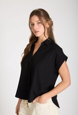 Miss Bliss M&E Collrd Split Nck Cuff Slv U Hem Linen Top-Black