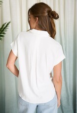 Miss Bliss M&E Collrd Split Nck Cuff Slv U Hem Linen Top-White