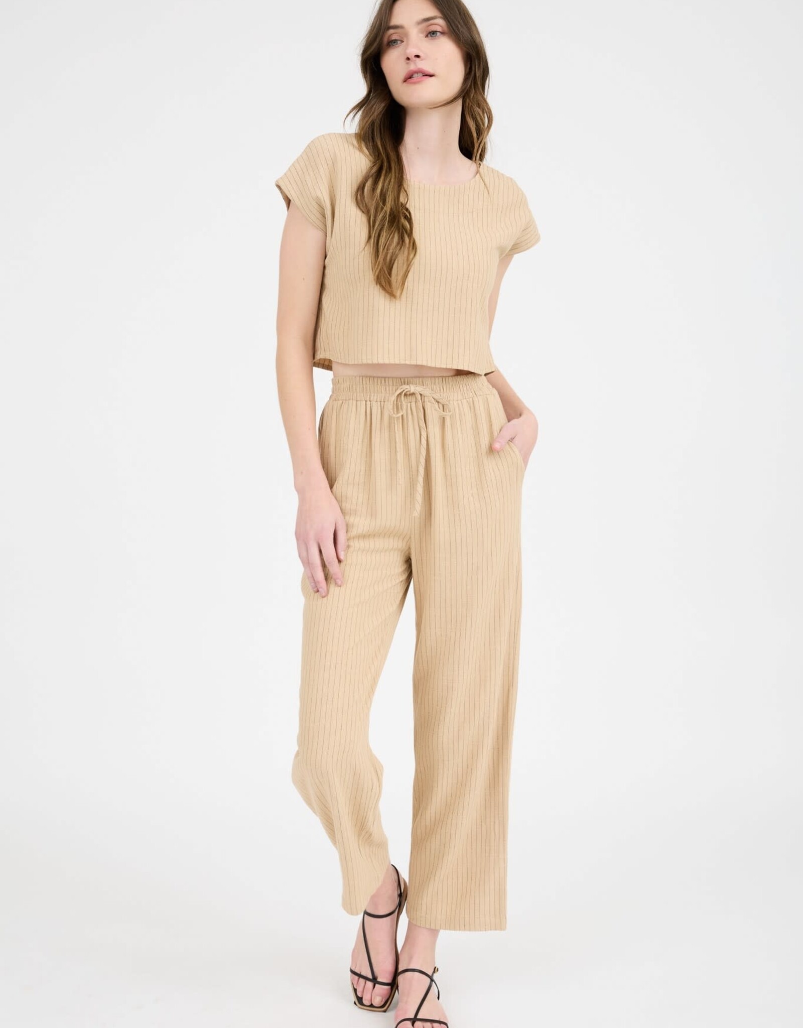 Miss Bliss M&E Pinstripe Drawstring Str Leg Linen Pants-Camel