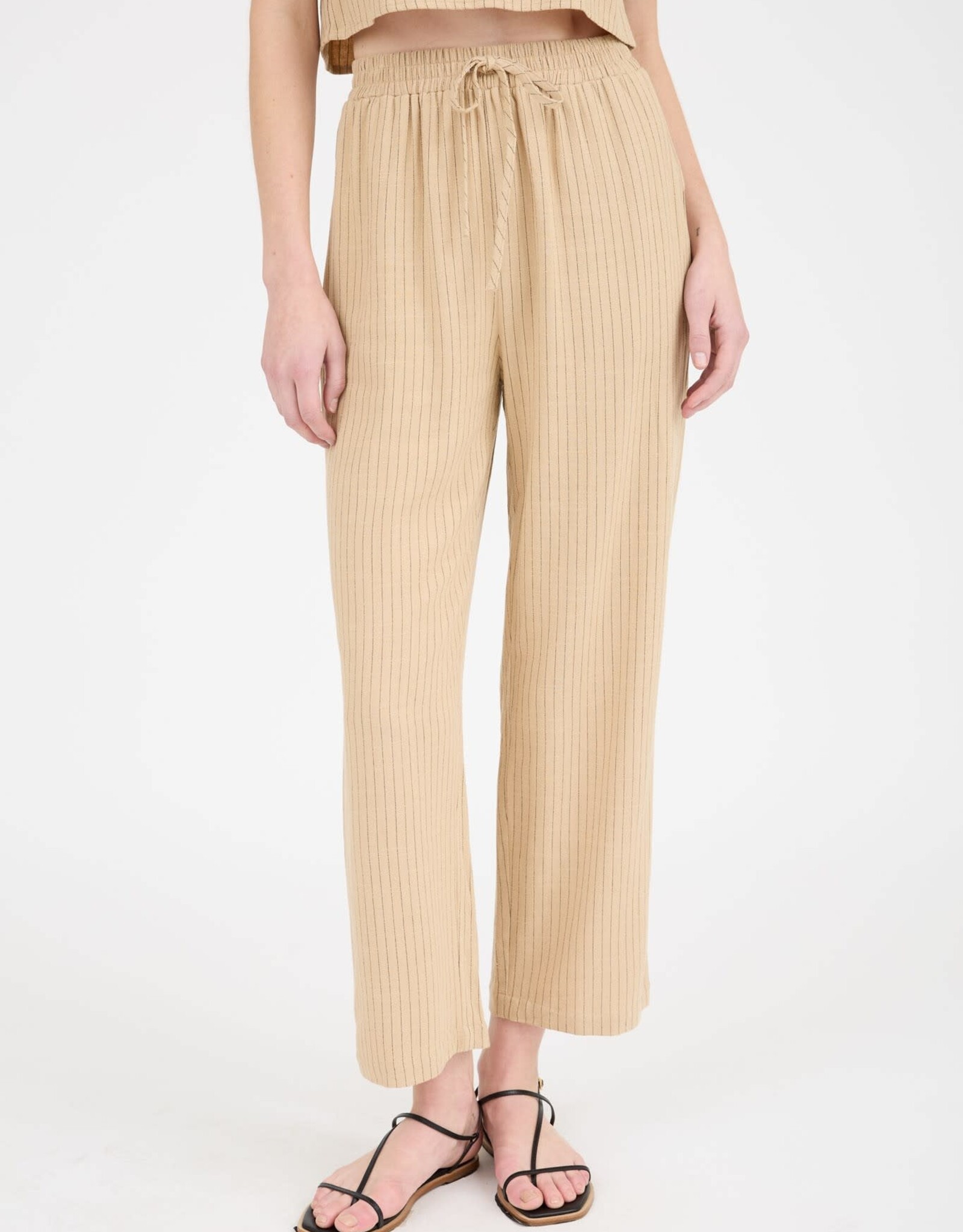 Miss Bliss M&E Pinstripe Drawstring Str Leg Linen Pants-Camel