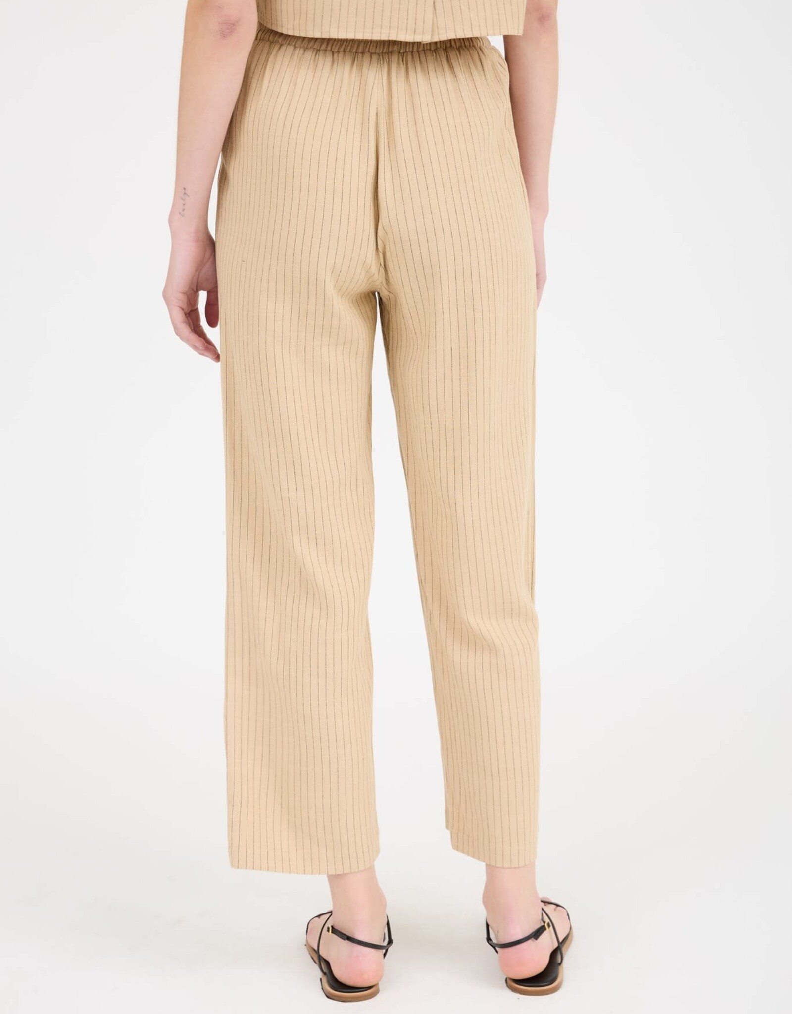 Miss Bliss M&E Pinstripe Drawstring Str Leg Linen Pants-Camel