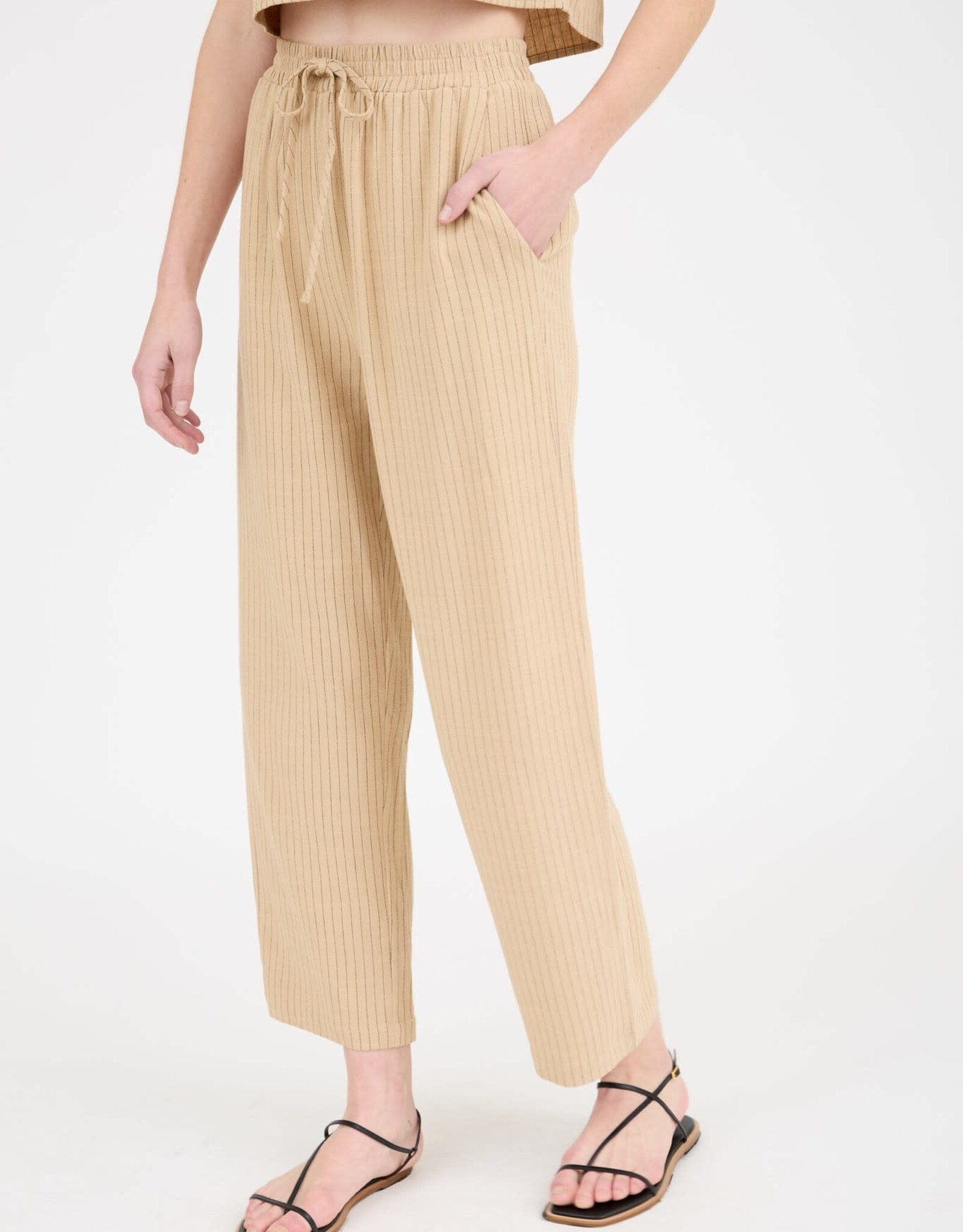 Miss Bliss M&E Pinstripe Drawstring Str Leg Linen Pants-Camel