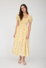 Miss Bliss M&E Smocked Puff Slv Floral Midi Dress-Yellow