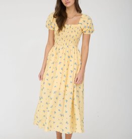Miss Bliss Smocked Puff Sleeve Floral Midi Dress-Yellow