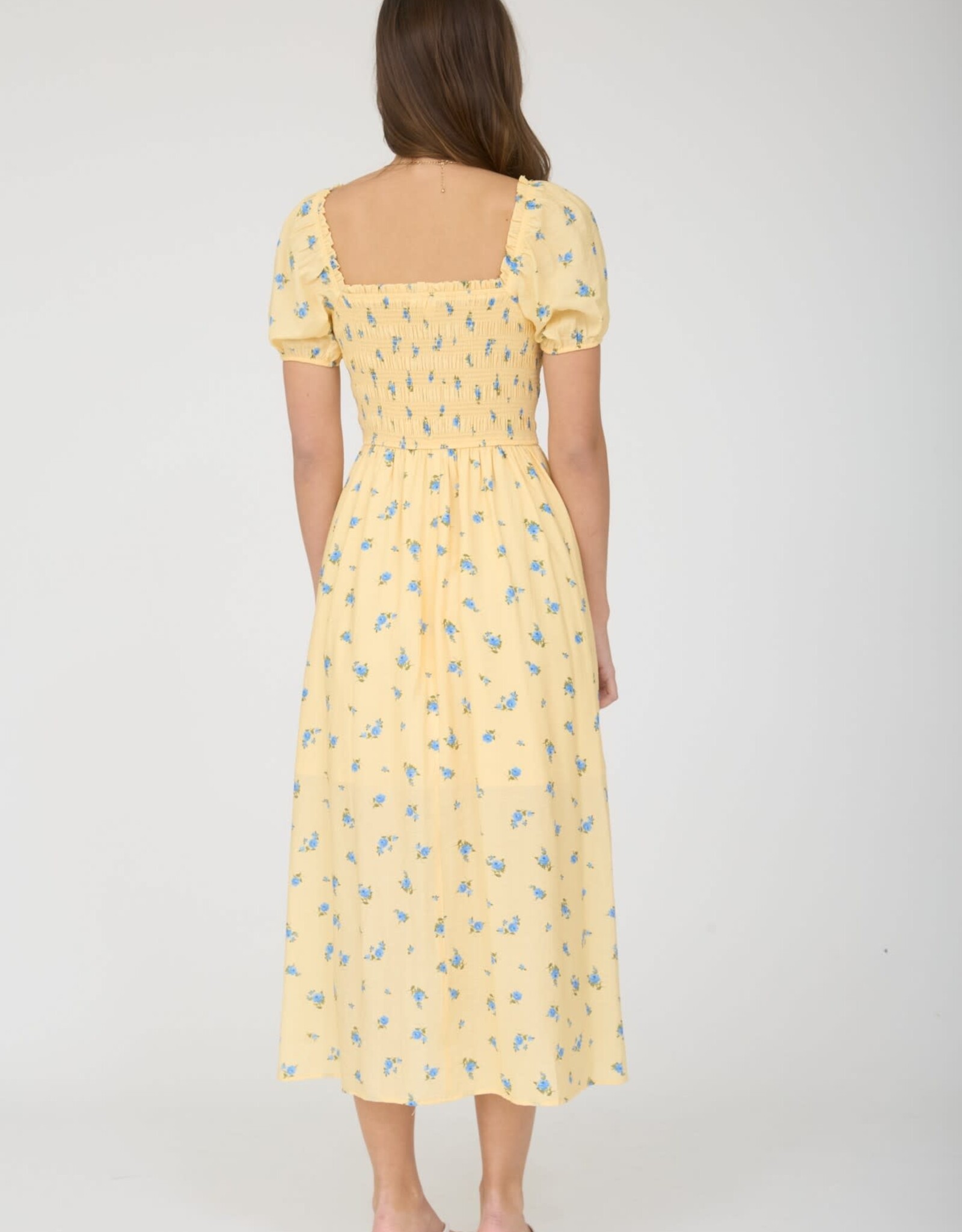 Miss Bliss M&E Smocked Puff Slv Floral Midi Dress-Yellow