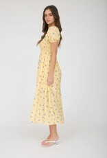 Miss Bliss M&E Smocked Puff Slv Floral Midi Dress-Yellow