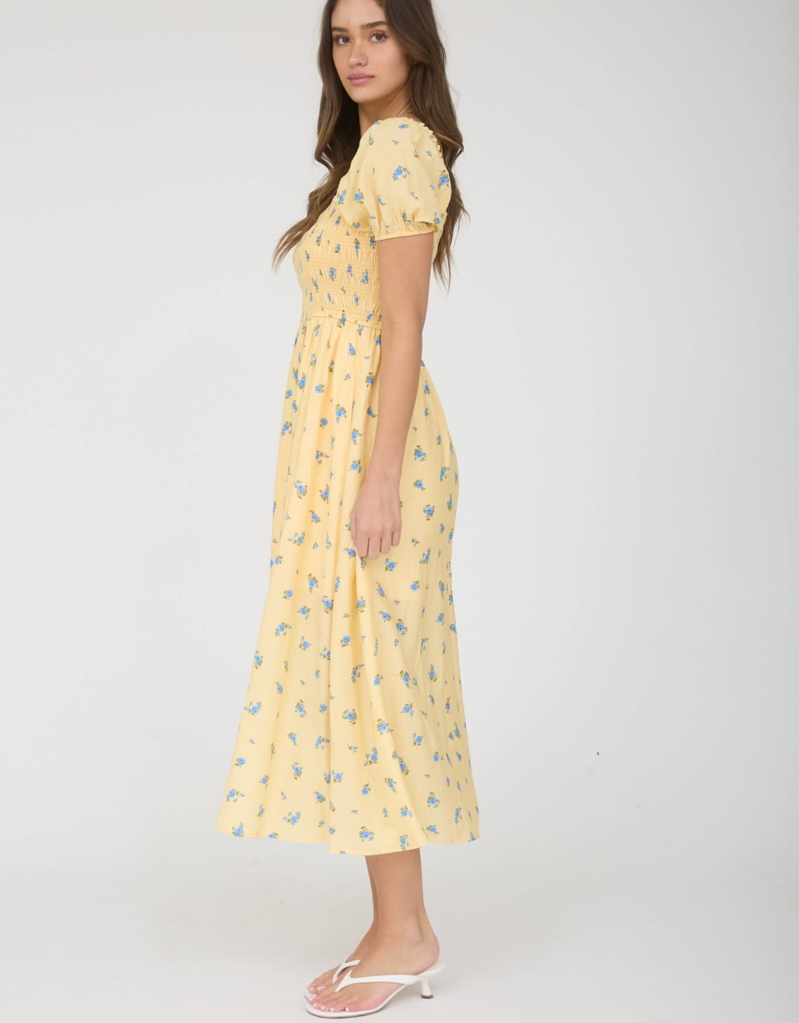 Miss Bliss M&E Smocked Puff Slv Floral Midi Dress-Yellow