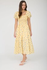 Miss Bliss M&E Smocked Puff Slv Floral Midi Dress-Yellow