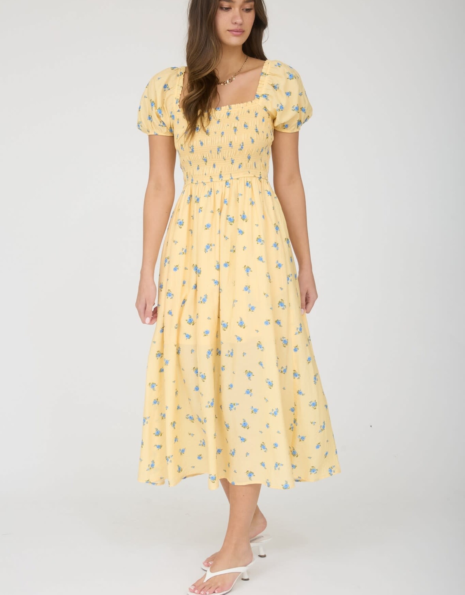 Miss Bliss M&E Smocked Puff Slv Floral Midi Dress-Yellow