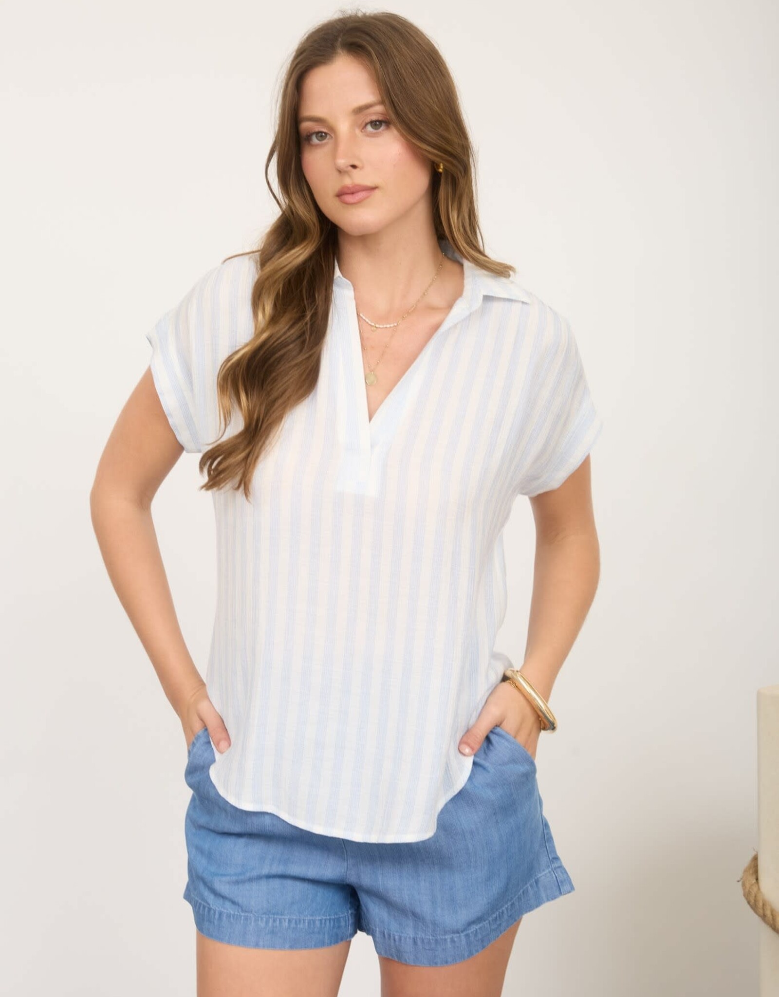 Miss Bliss M&E Stripe Collared V Neck Short SS-Blue