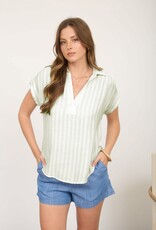 Miss Bliss M&E Stripe Collared V Neck Short SS-Olive Green