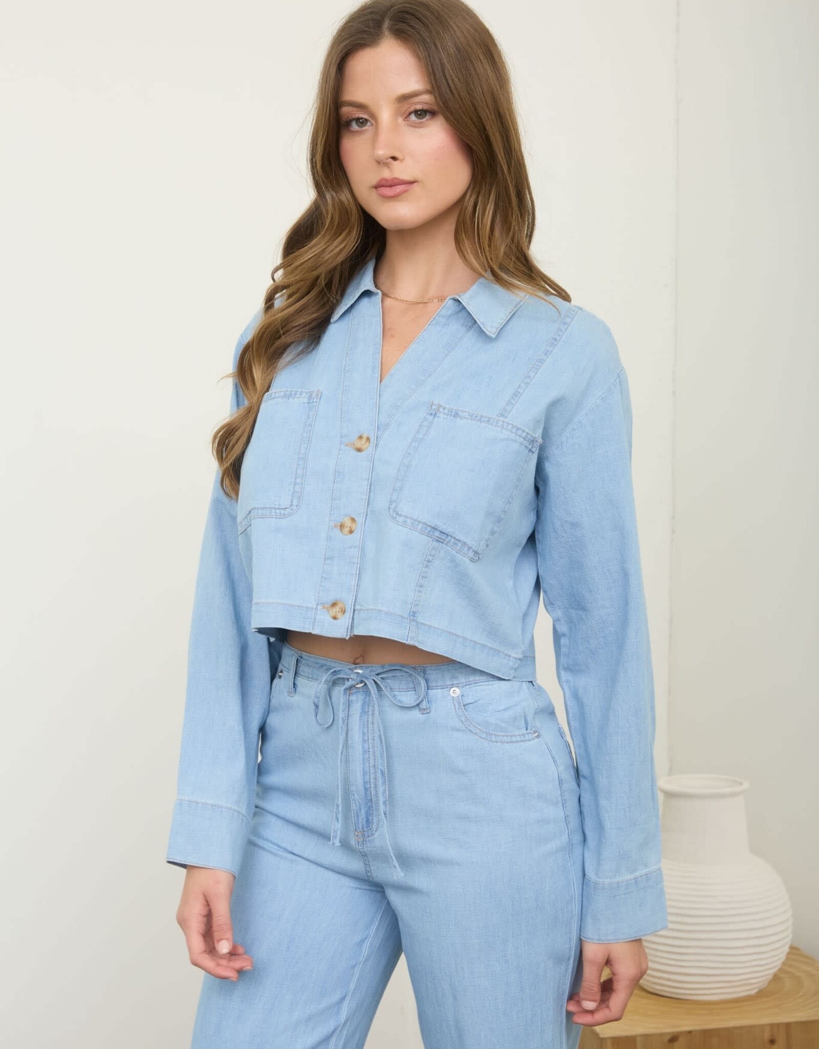 Miss Bliss M&E Washed Denim Button Down LS Crop Top-Denim