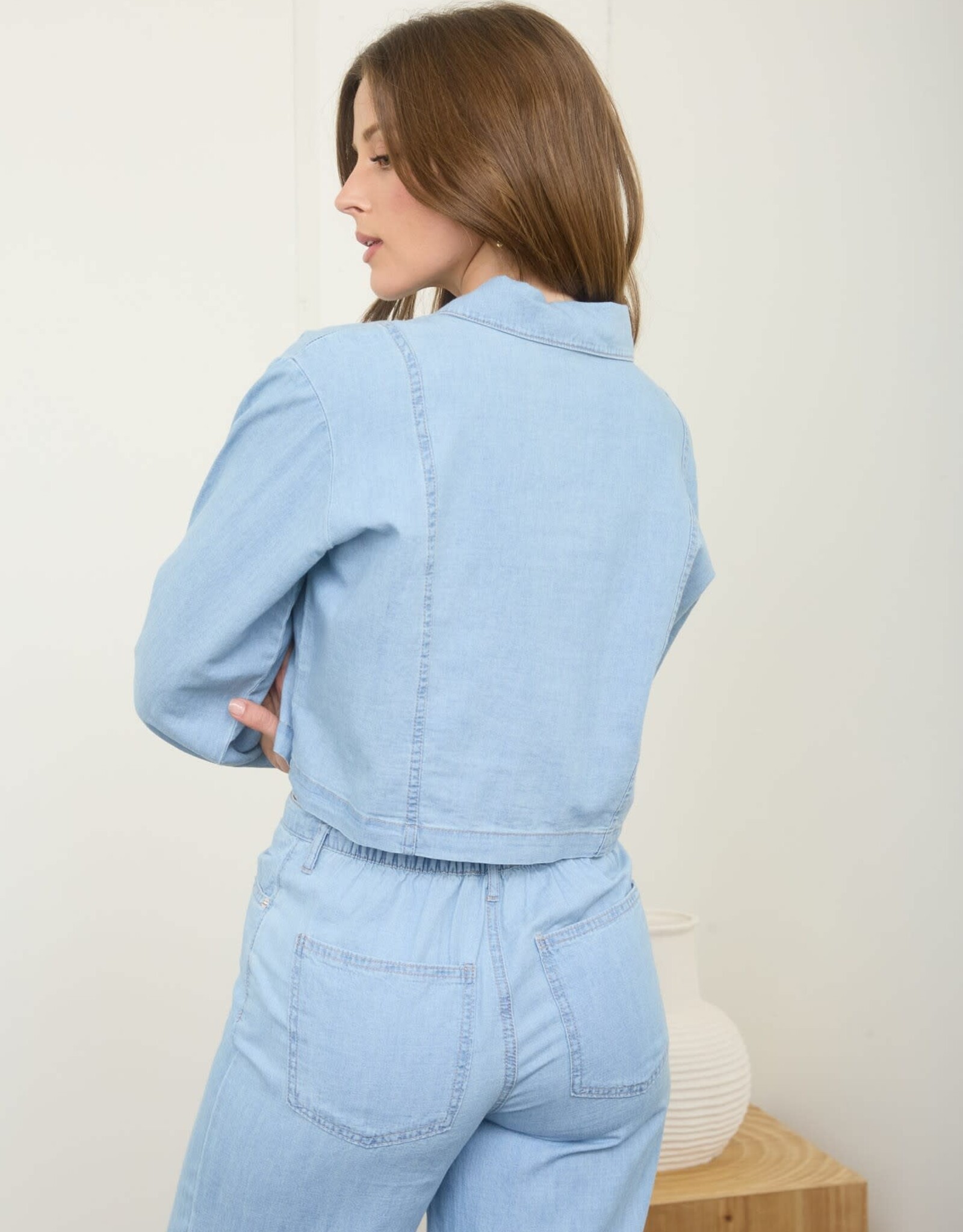 Miss Bliss M&E Washed Denim Button Down LS Crop Top-Denim