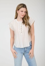 Miss Bliss M&E Stripe Half Button Ladder Lace Trim Top-Olive Multi