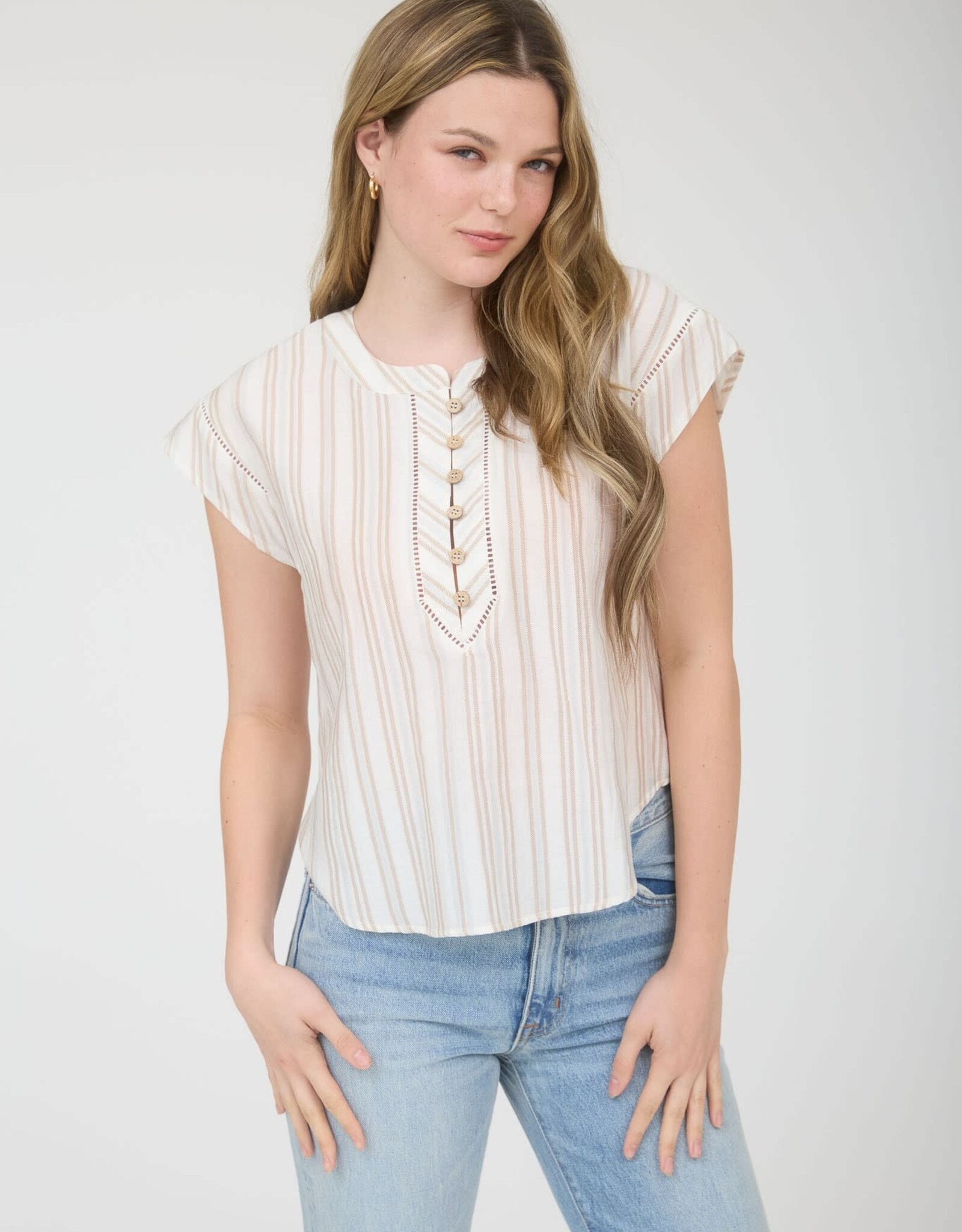 Miss Bliss M&E Stripe Half Button Ladder Lace Trim Top-Olive Multi