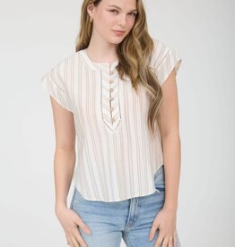 Miss Bliss Stripe Ladder Lace Trim Top-Olive Multi