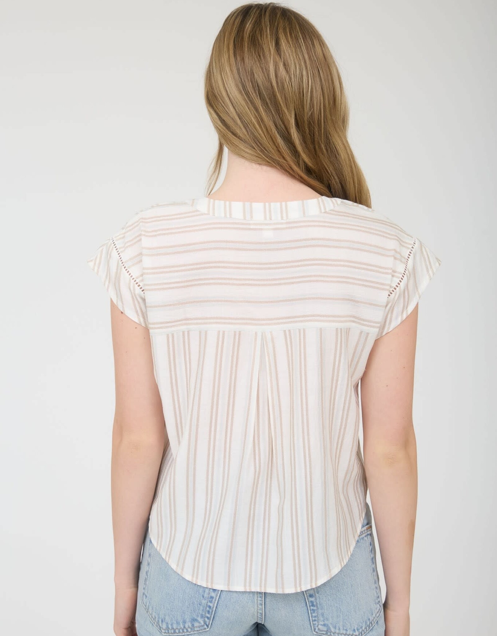 Miss Bliss M&E Stripe Half Button Ladder Lace Trim Top-Olive Multi