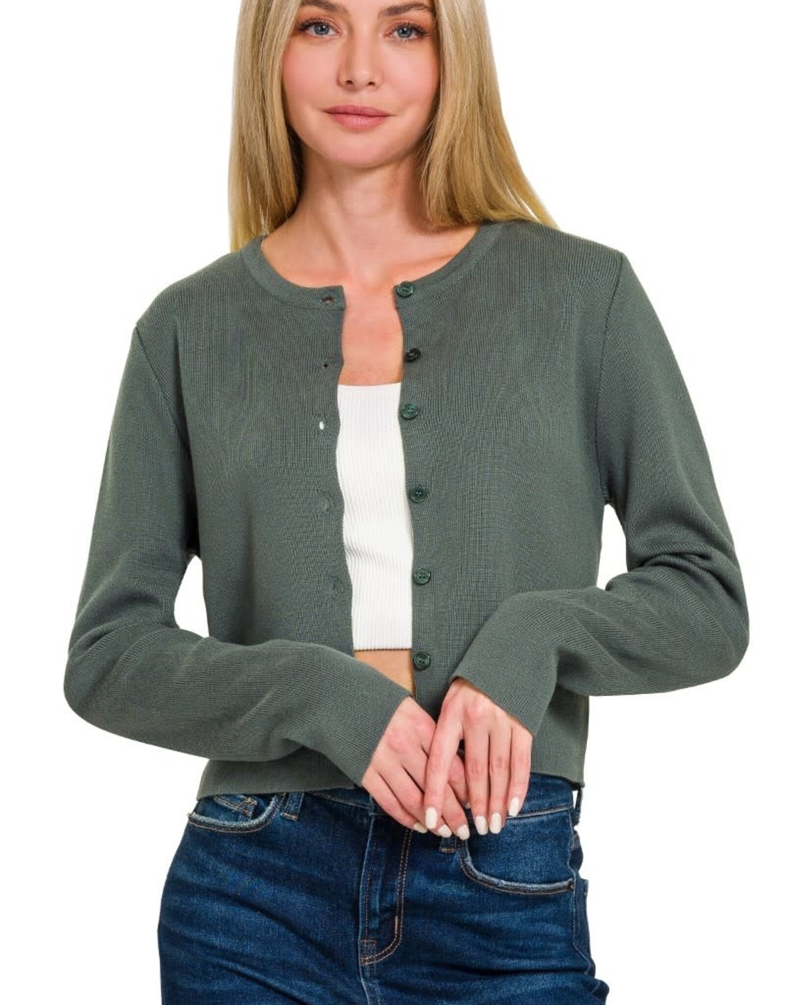 Miss Bliss Zen 7 Button Crew Basic Cardigan-Ash Jade