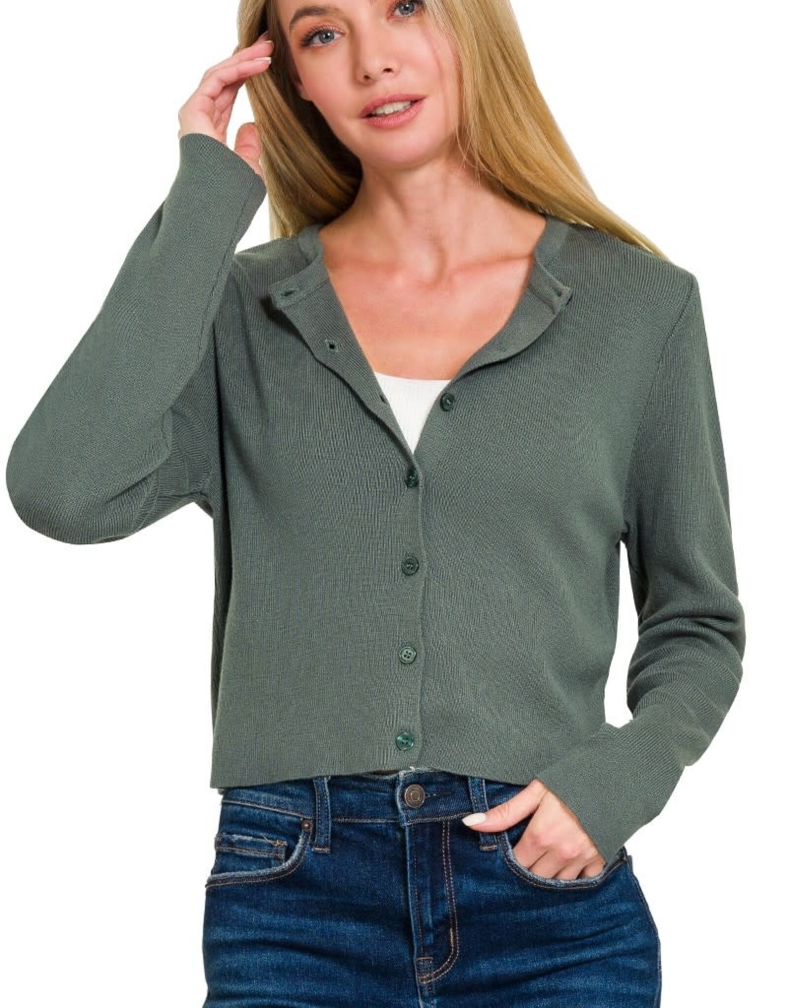 Miss Bliss Zen 7 Button Crew Basic Cardigan-Ash Jade