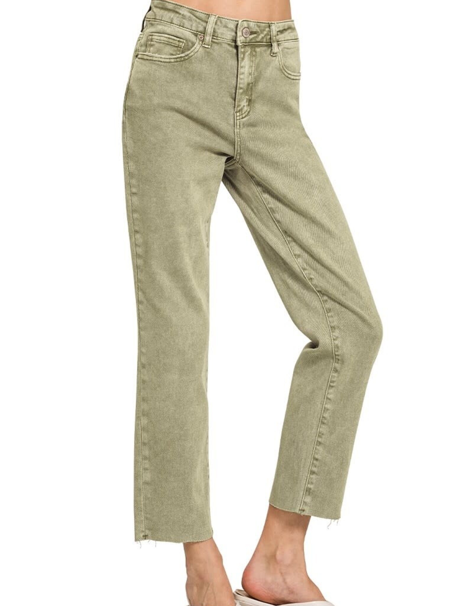 Miss Bliss Zen Washed High Waist Cropped Straight Pants-Olive