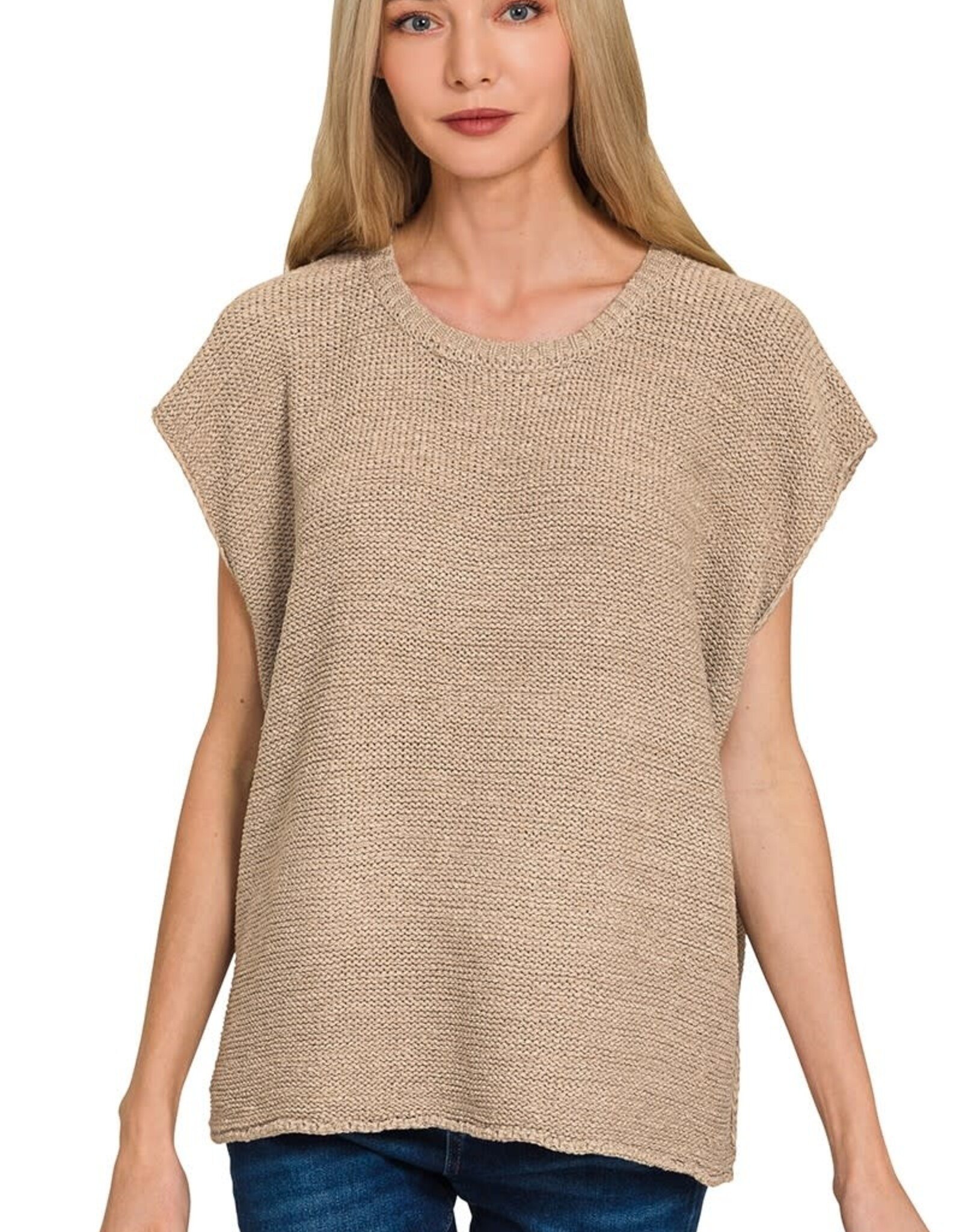 Miss Bliss Zen Osized Crew Neck Sweater Vest-Lt Mocha