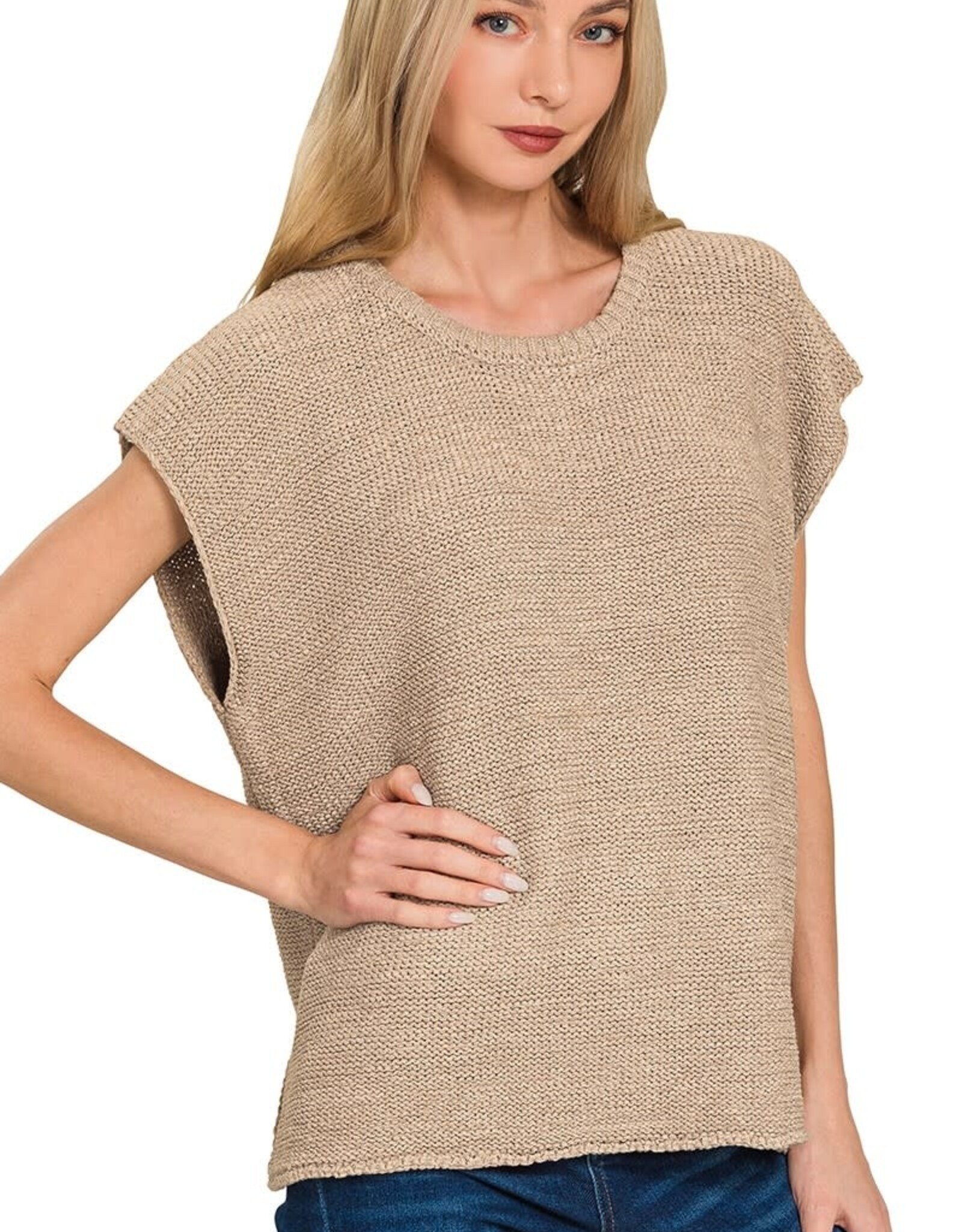 Miss Bliss Zen Osized Crew Neck Sweater Vest-Lt Mocha