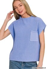 Miss Bliss Zen Mock Neck Short Sleeve Sweater Top-Cornflower Blue