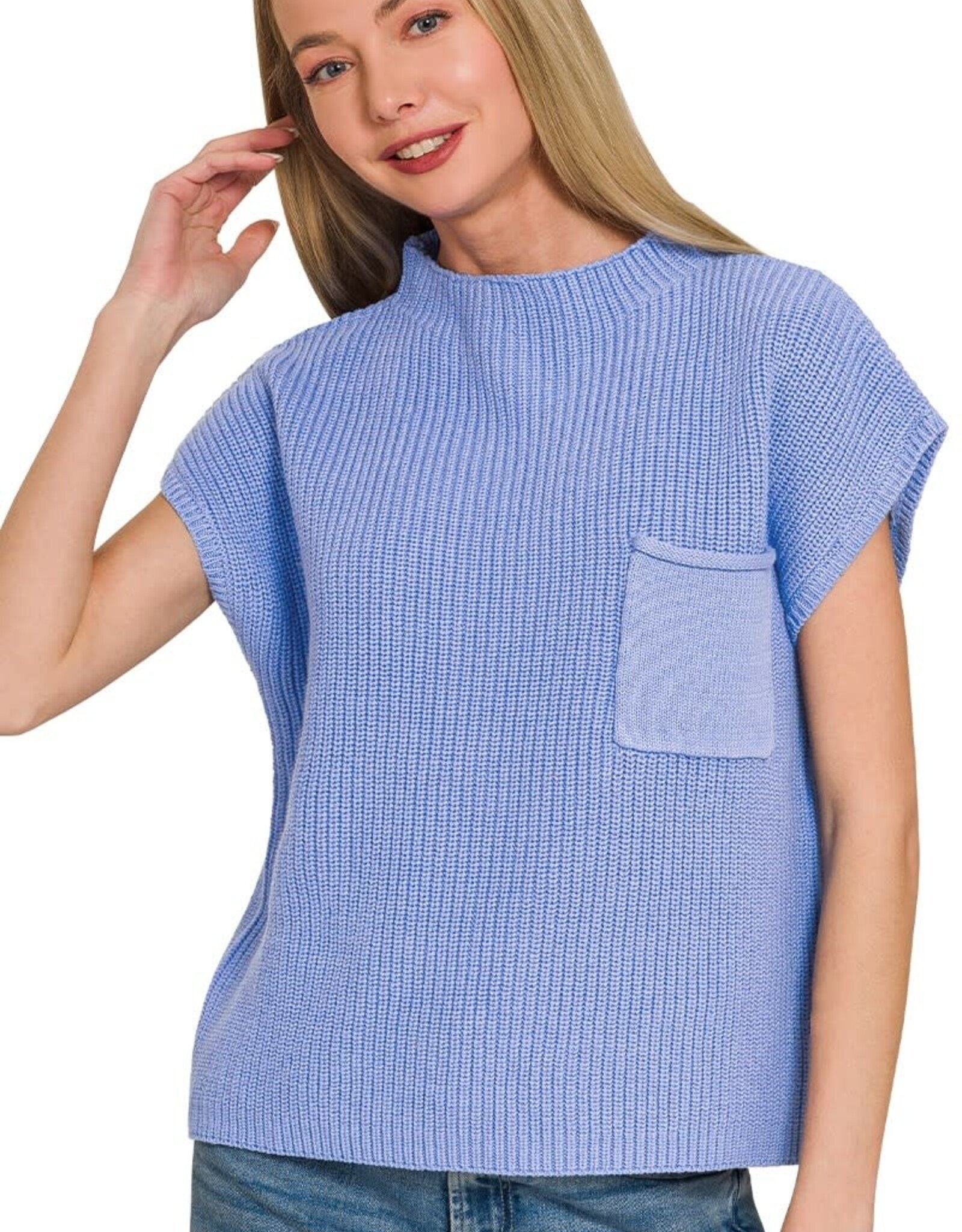 Miss Bliss Zen Mock Neck Short Sleeve Sweater Top-Cornflower Blue