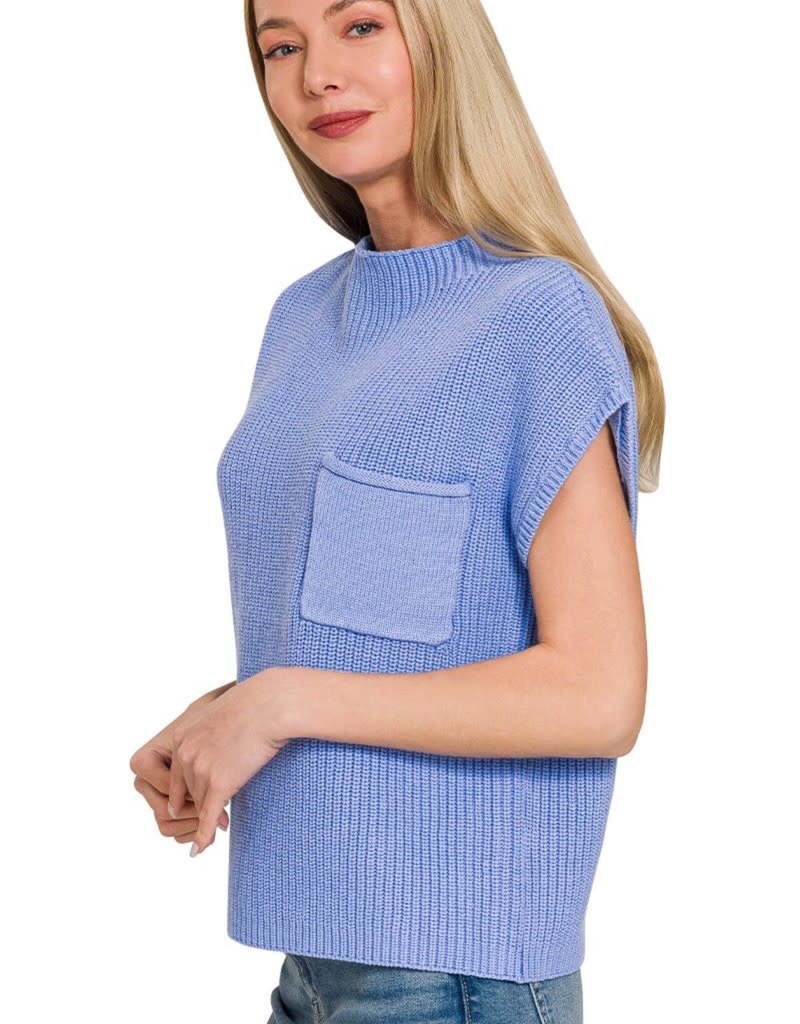 Miss Bliss Zen Mock Neck Short Sleeve Sweater Top-Cornflower Blue