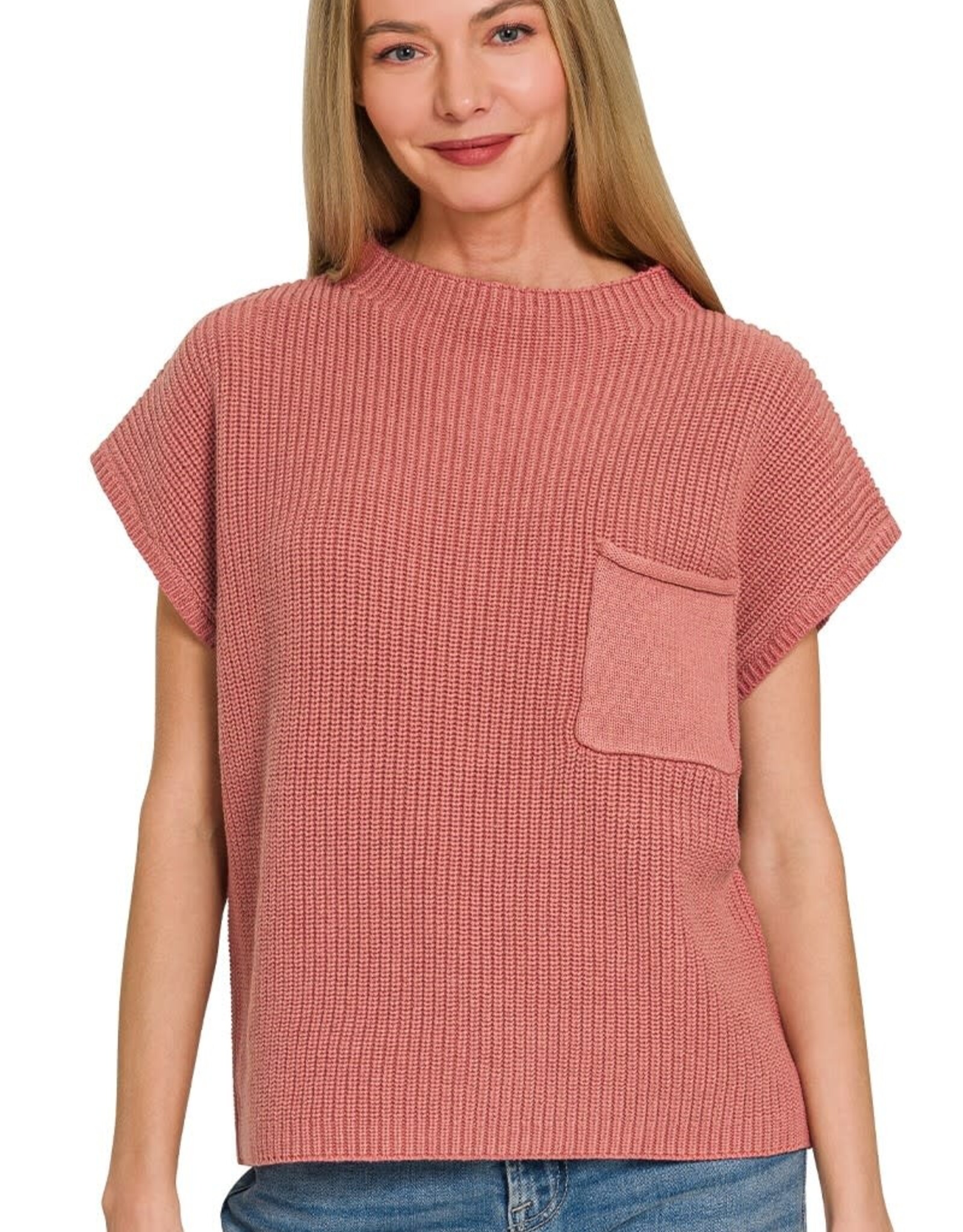 Miss Bliss Zen Mock Neck Short Sleeve Sweater Top-Winter Rose
