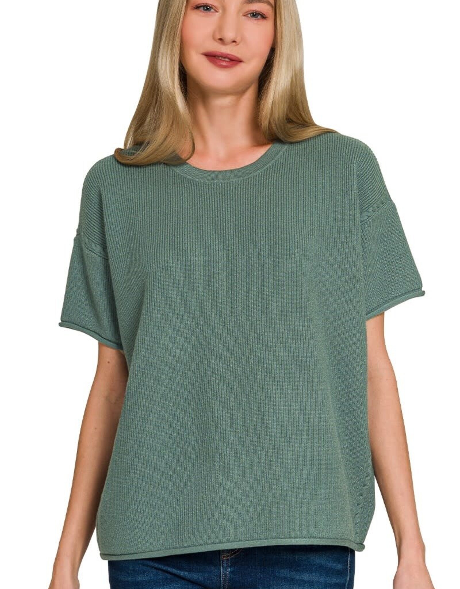 Miss Bliss Zen Viscose Rnd Neck Short Sleeve Sweater Top- Ash Jade