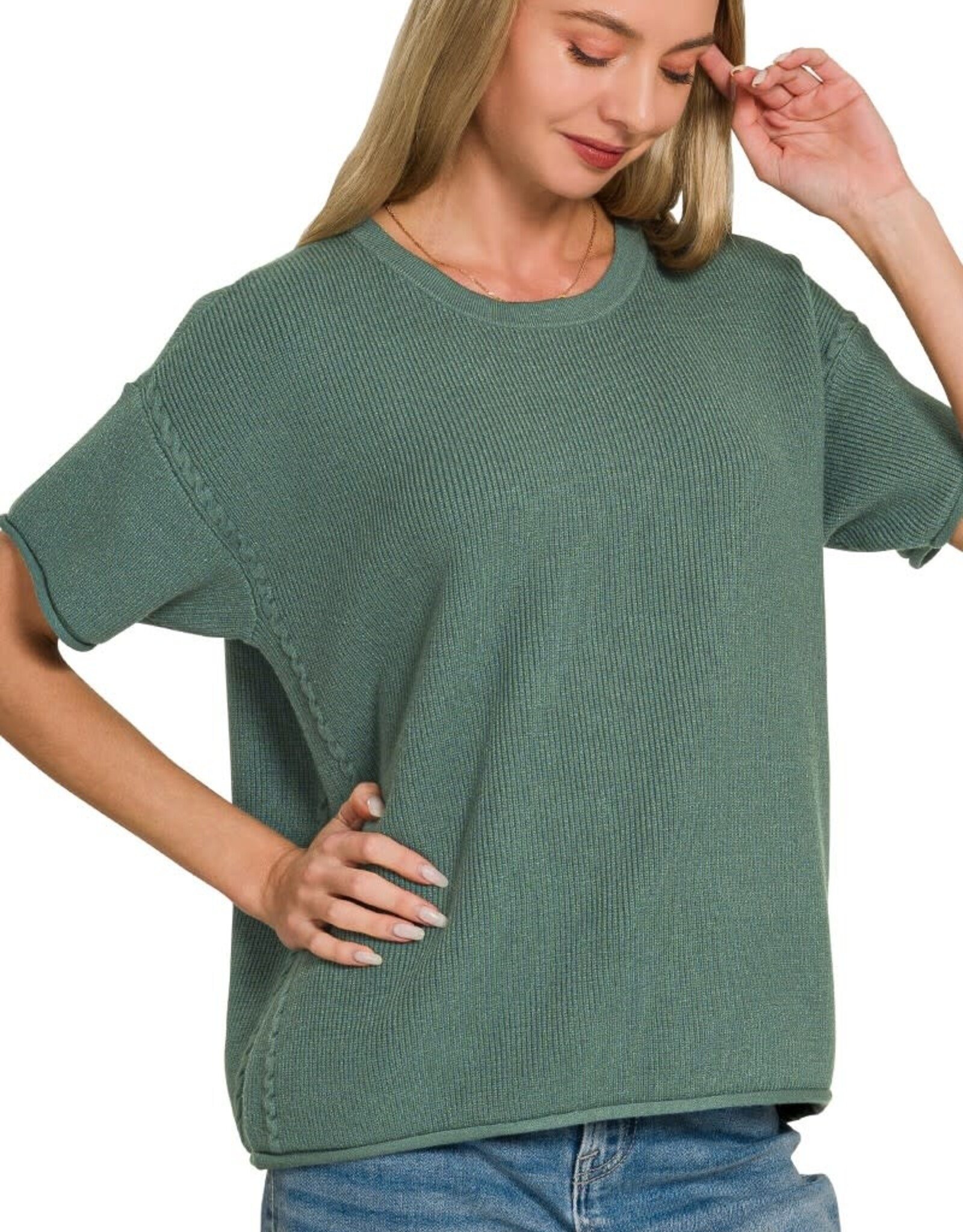 Miss Bliss Zen Viscose Rnd Neck Short Sleeve Sweater Top- Ash Jade
